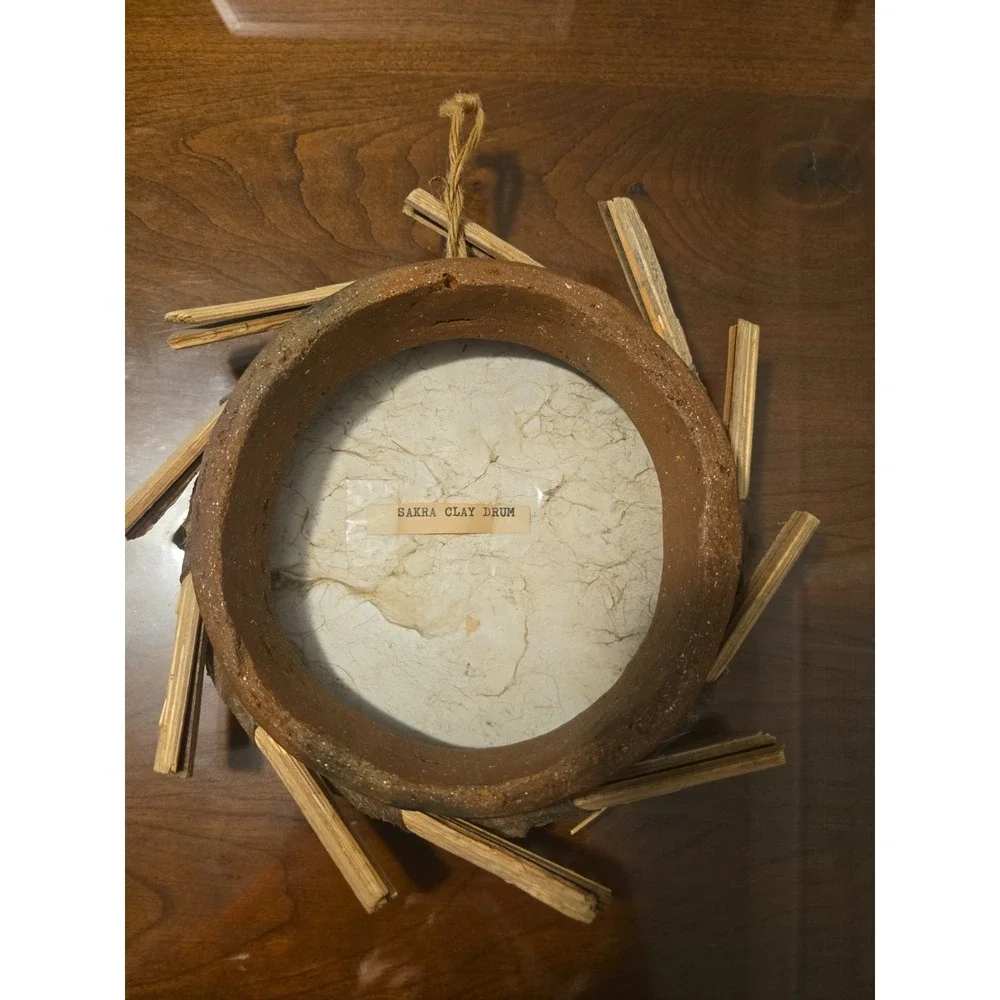 Handmade Sakra Clay Drum Wall Art Tribal Decor Natural Hide Rustic Boho Folk
